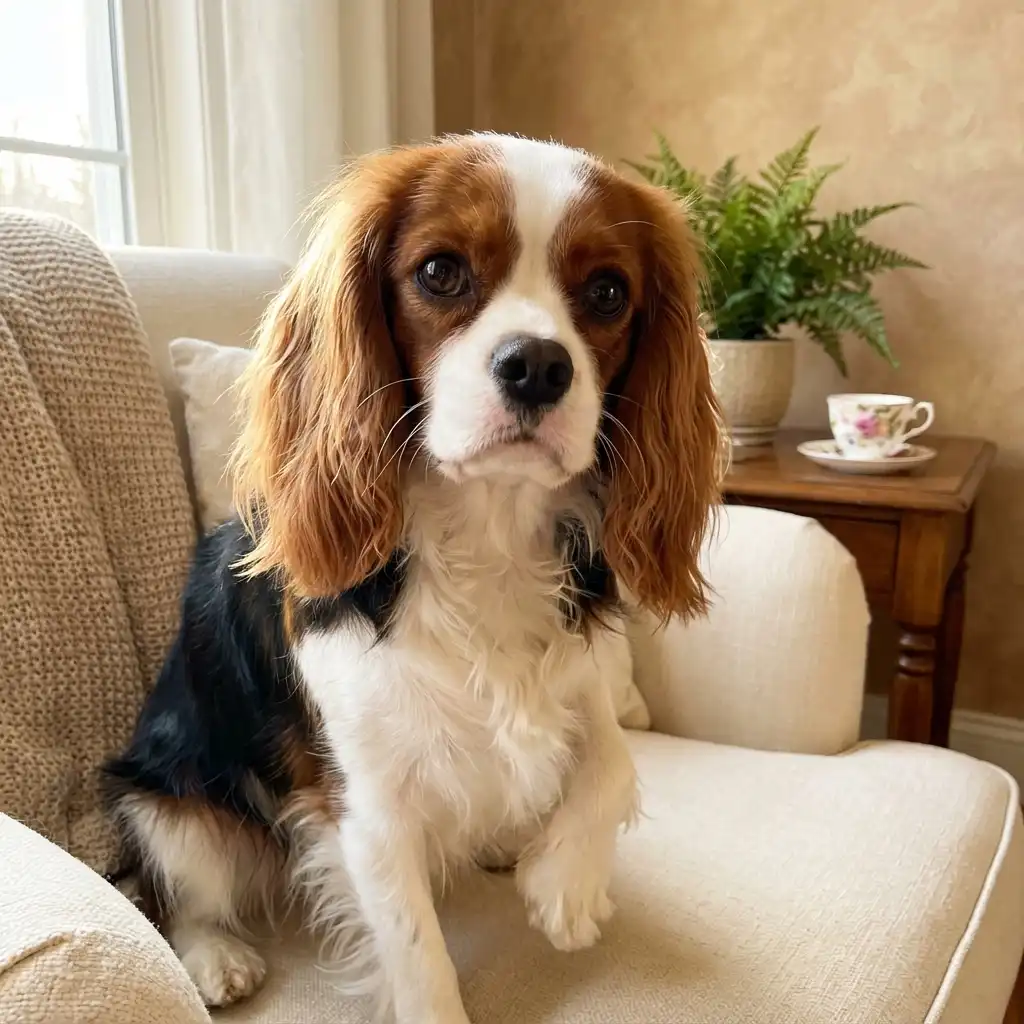 Кавалер кинг чарльз спаниель с нежным взглядом сидит на кресле