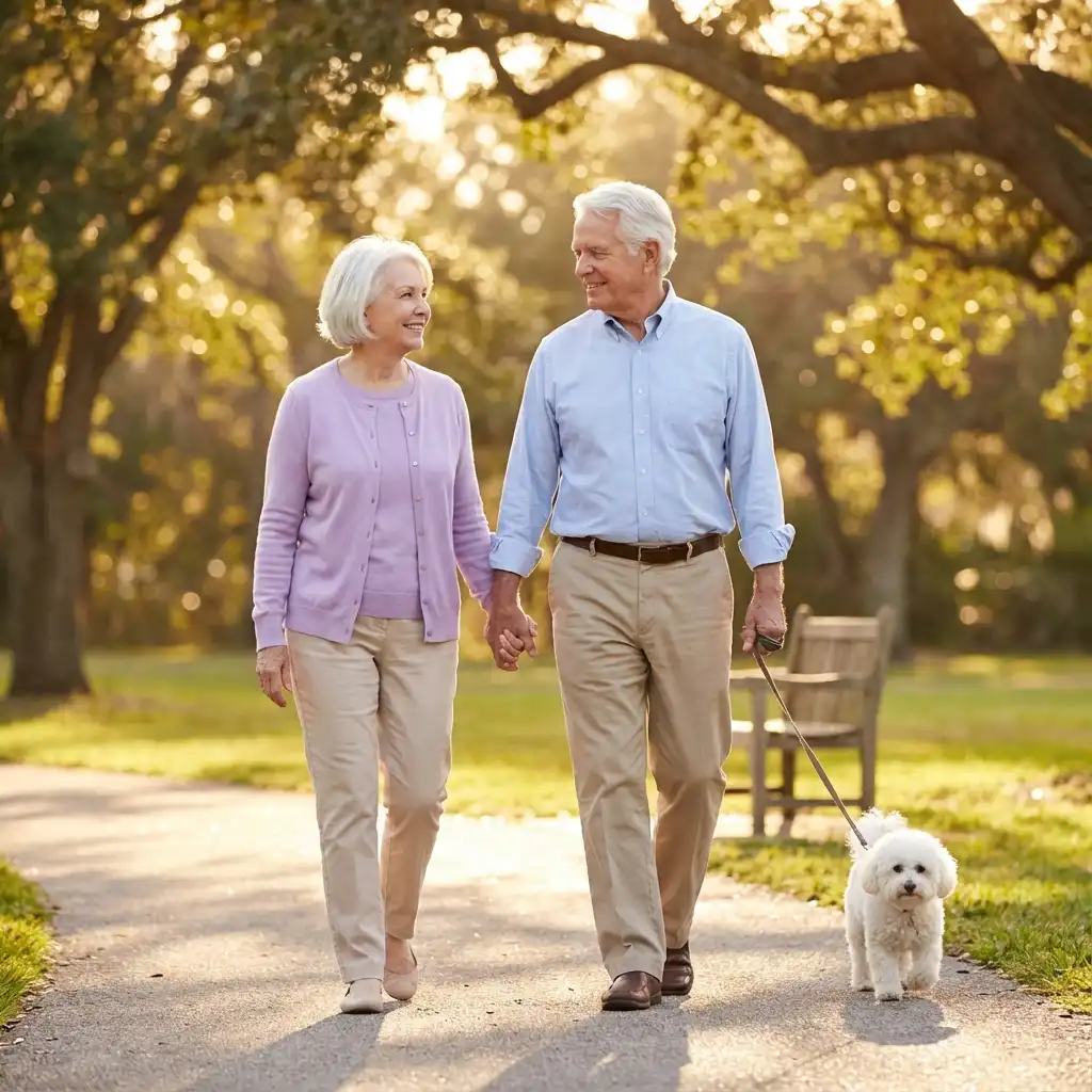 Пожилая пара с маленькой собакой гуляет в парке на закате