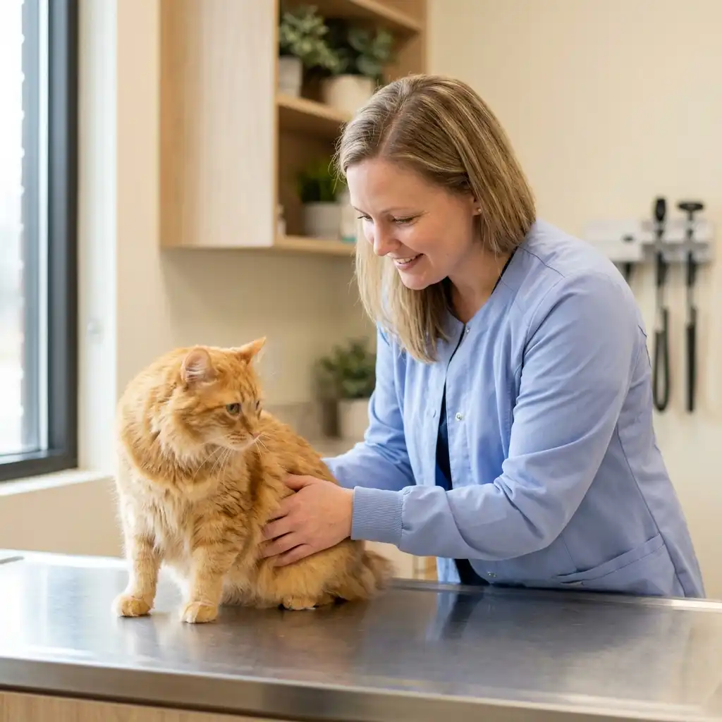 Ветеринар осматривает рыжего кота на приёме в клинике