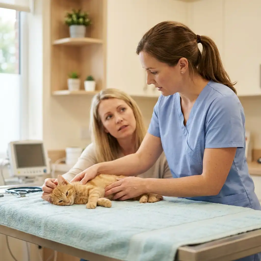 Ветеринар осматривает больного котёнка в клинике, владелица рядом