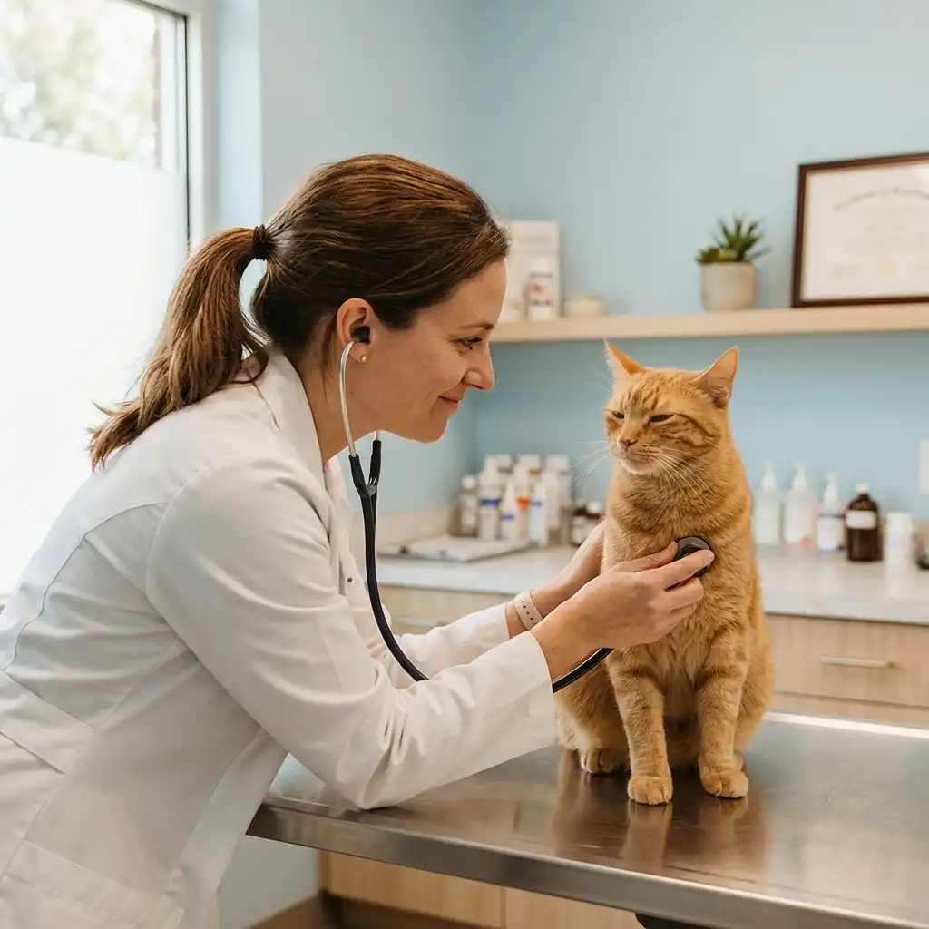 Ветеринар осматривает кошку в клинике, профессиональный осмотр домашнего питомца