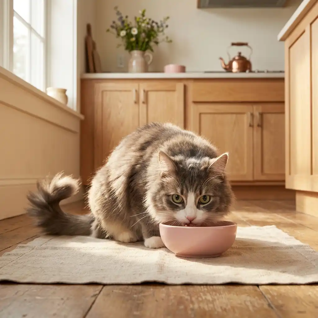 Кошка ест из миски дома, правильное питание домашнего питомца