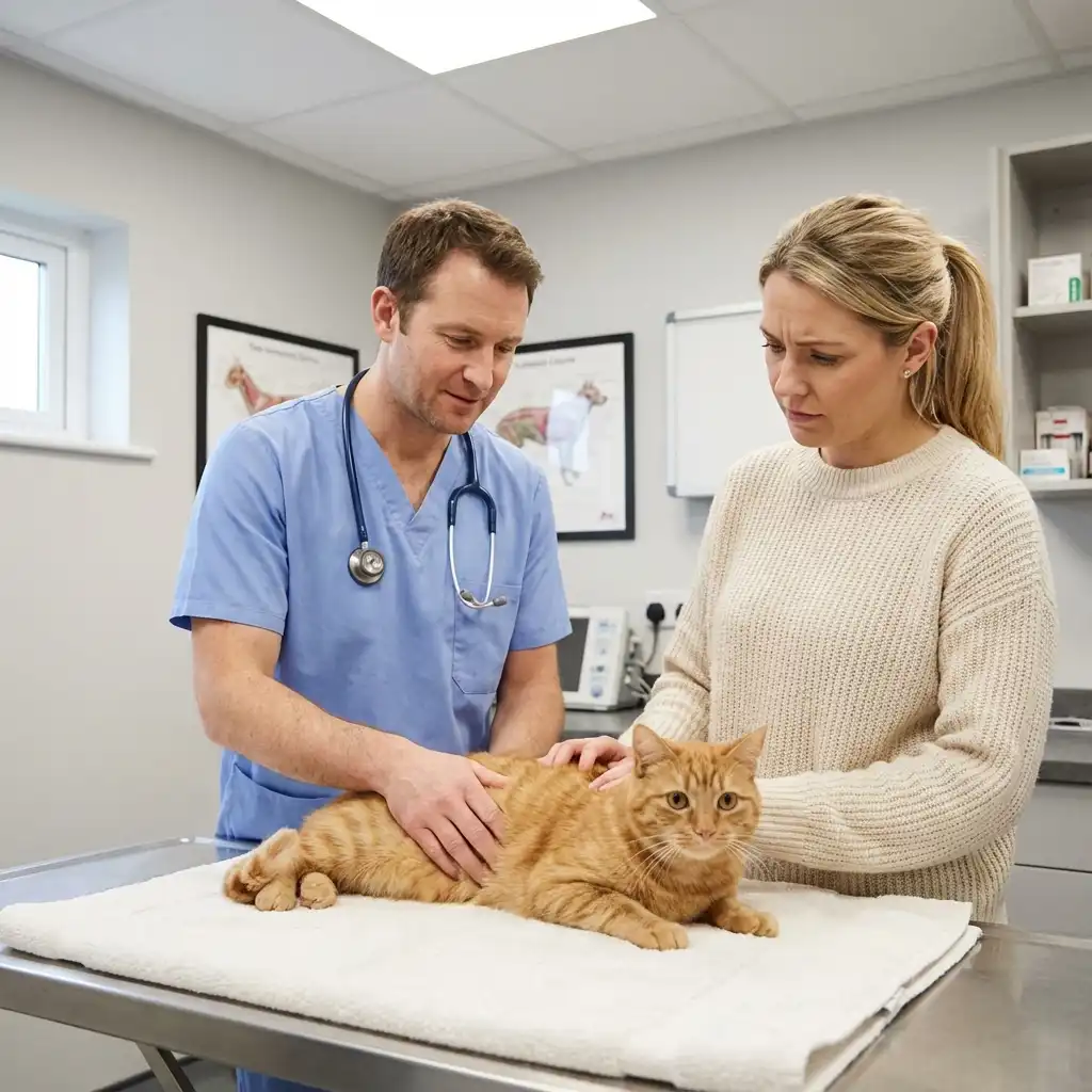 Ветеринар осматривает кота в присутствии владельца, профессиональная ветеринарная помощь
