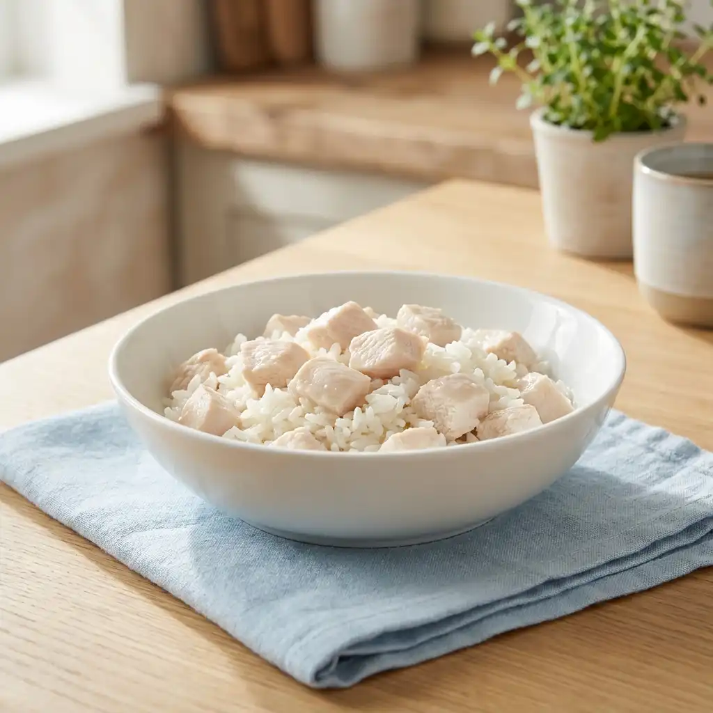 Миска с отварной курицей и рисом для кошки, диетическое питание при диарее