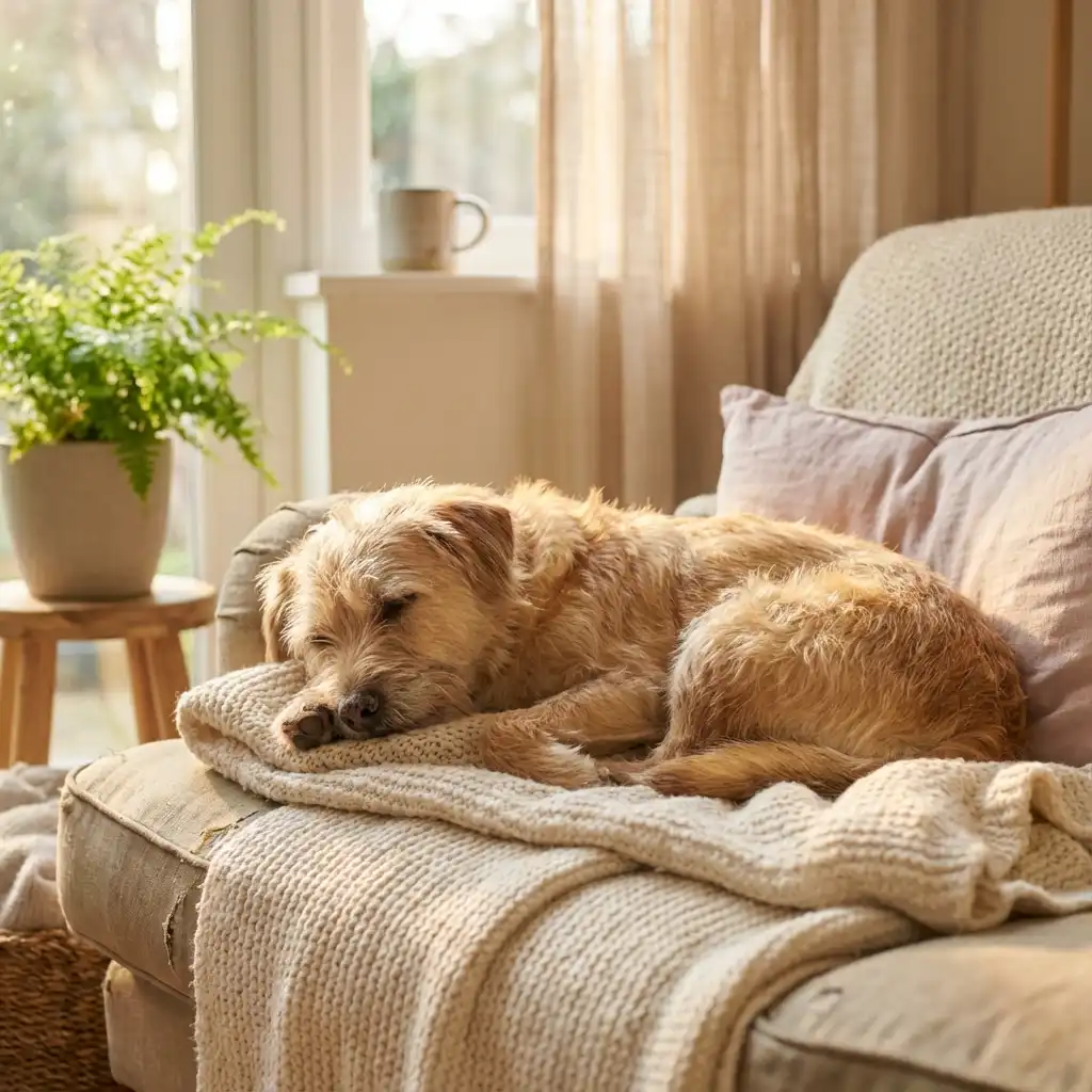 Спящая собака на мягкой подстилке в уютной домашней обстановке