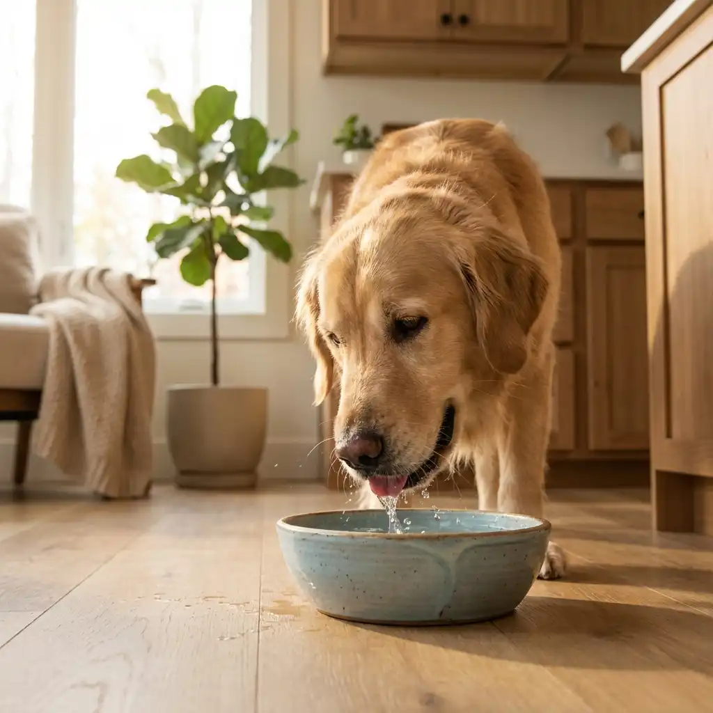 Собака пьет свежую воду из миски в домашних условиях