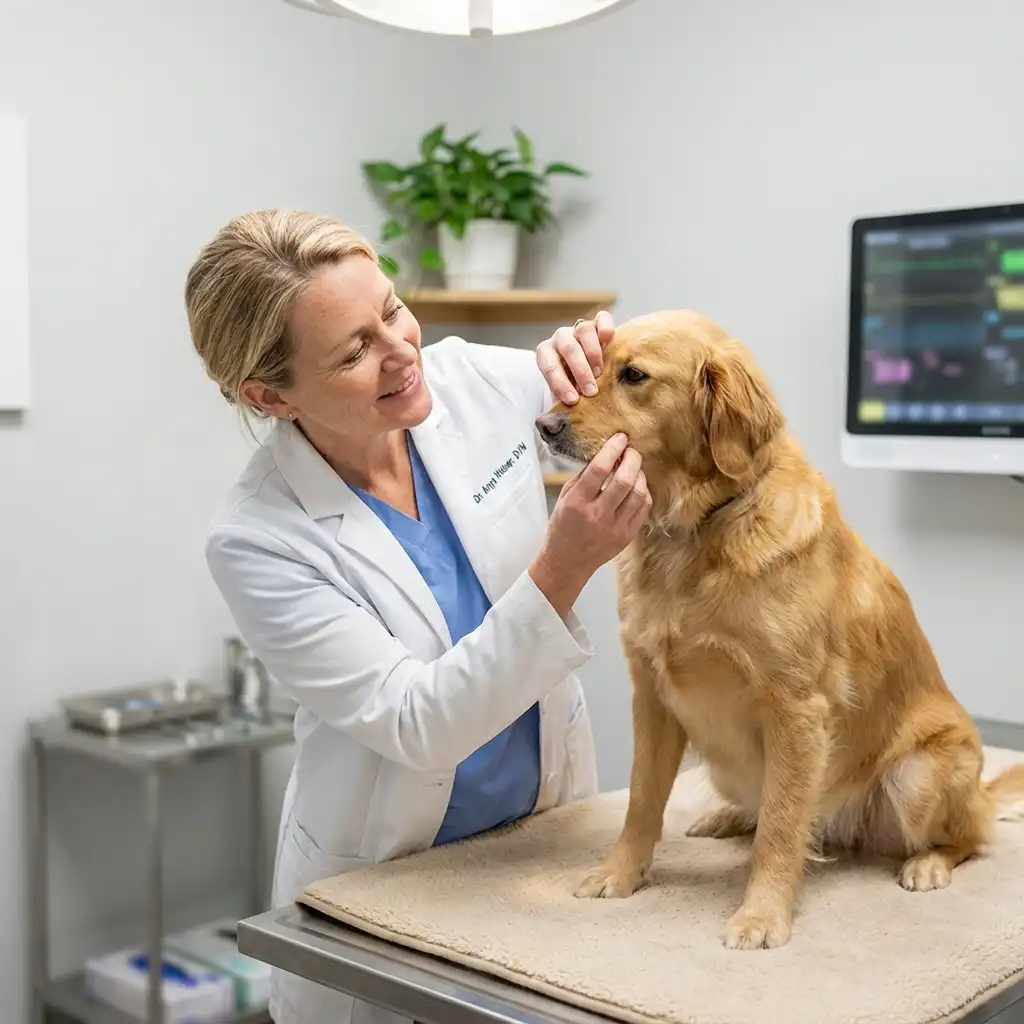 Ветеринар осматривает собаку в современной клинике с заботой