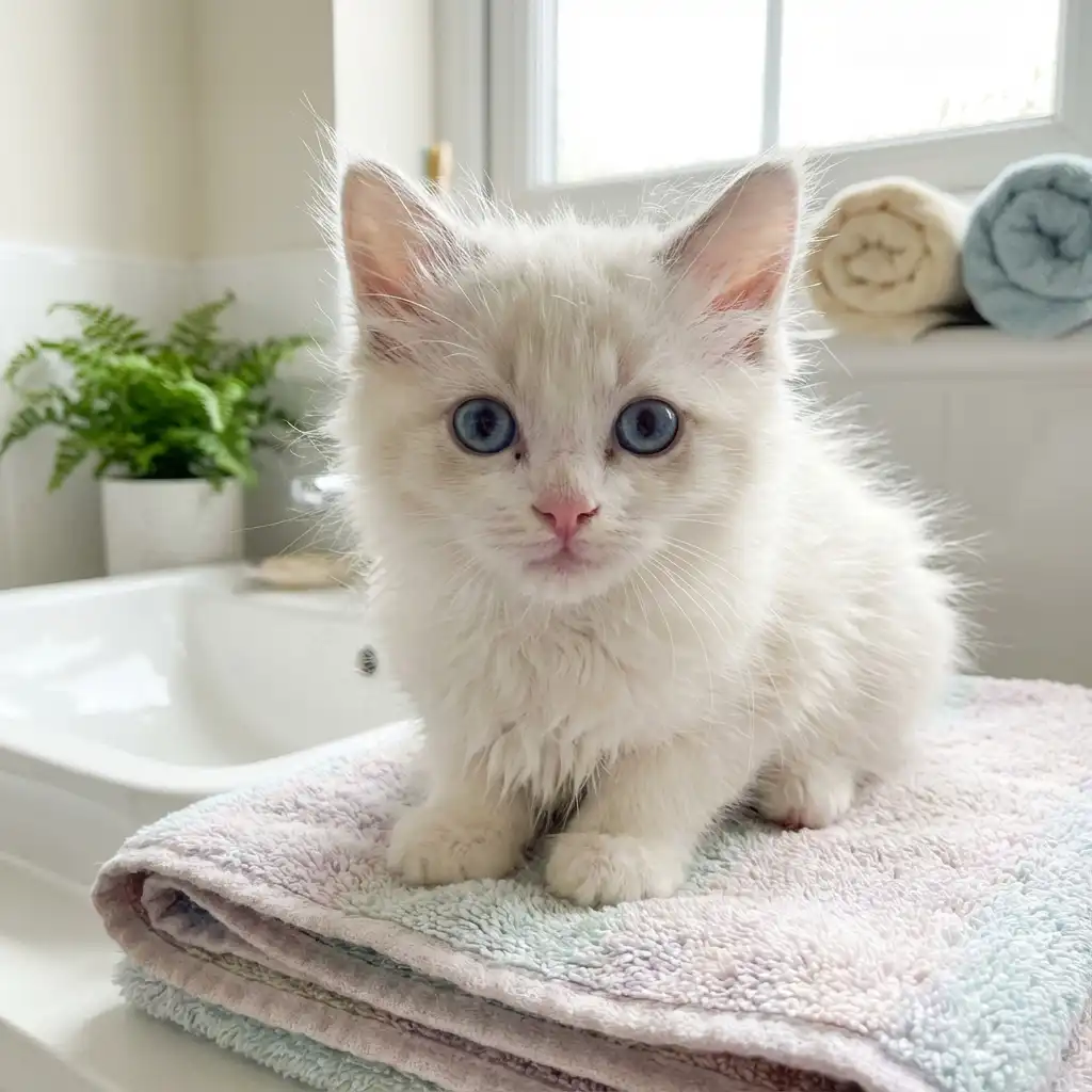 Пушистый белый котёнок перед первым купанием в домашней ванной