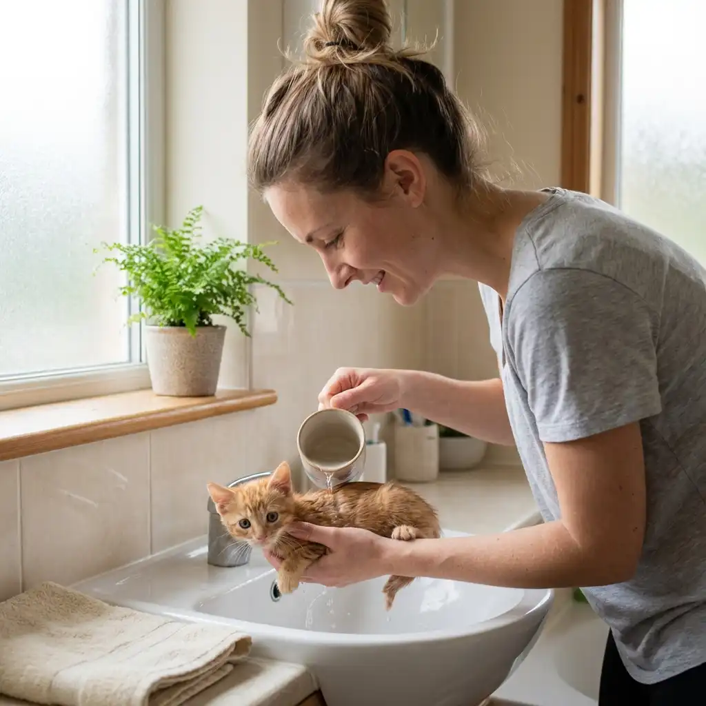 Женщина аккуратно купает рыжего котёнка в раковине с тёплой водой