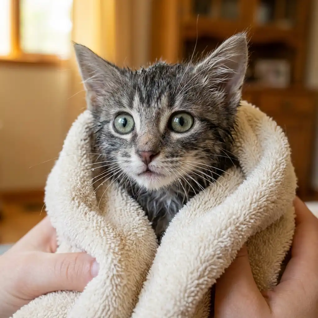 Мокрый котёнок завёрнут в мягкое полотенце после купания